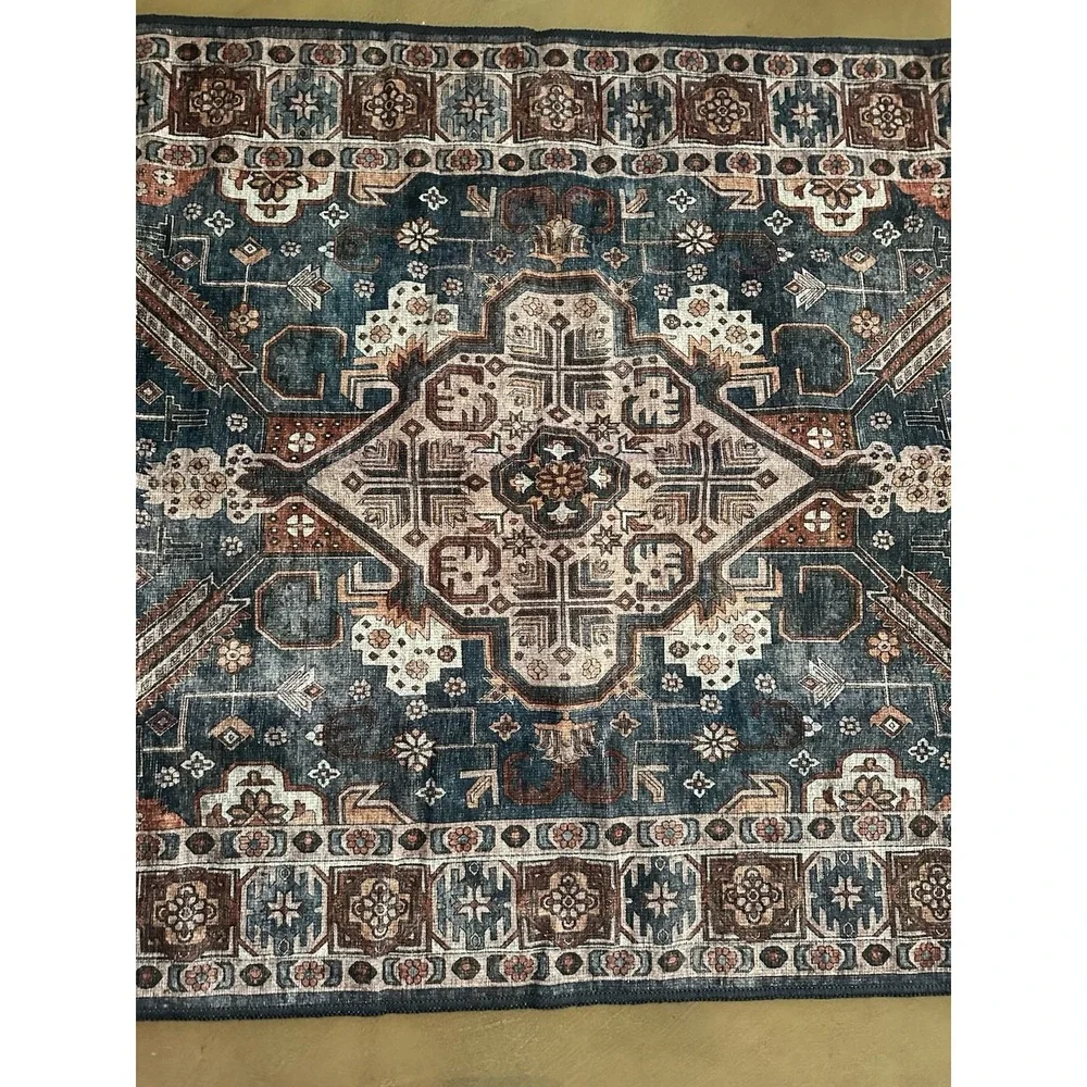 Washable Rug 3'X5' Adiva Lavinia 'Antrasit' Dark Teal Blue Burgundy Red